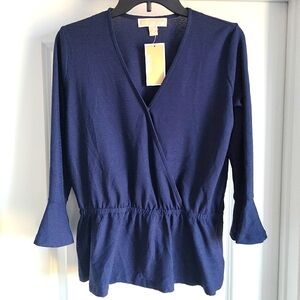 NWT PM Michael Kors Petites Navy Blue Faux Wrap V-Neck Peplum Blouse NEW
